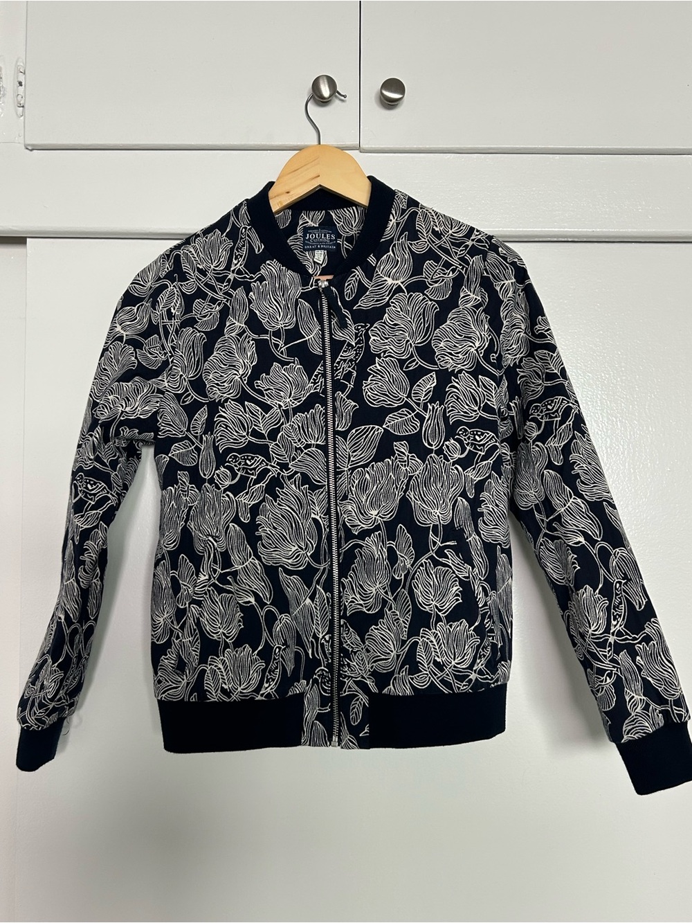Joules Navy Bomber Jacket with White Floral Outline